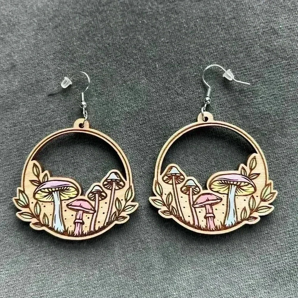 NEW Woodcut Mushroom Design Earrings Shrooms Psychedelic Hippie Boho Cottagecore - Picture 6 of 6